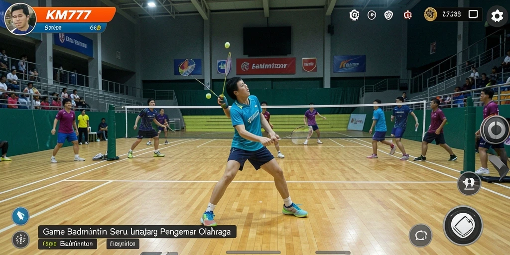 Antarmuka KM777 menampilkan pertandingan badminton yang seru dan interaktif.